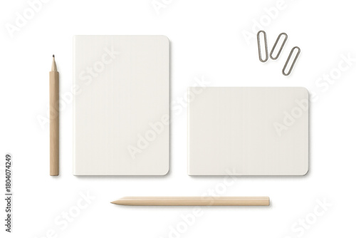 A minimal floating arrangement of blank white notebooks, wooden pencils, and metal paper clips isolated on a transparent background.