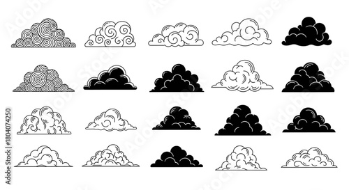 Diverse collection of hand-drawn clouds in various styles and shades.