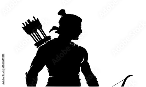 Lord Rama Silhouette in Profile with Bow and Quiver of Arrows, Black and White Vector Illustration, Hindu God and Divine Archer, Ramayana Warrior Figure