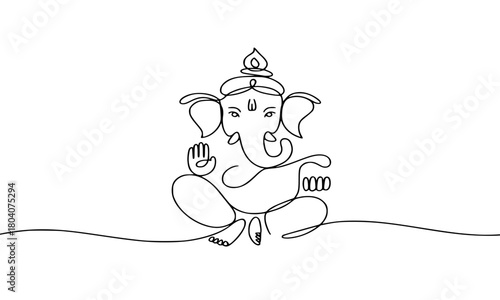 Lord Ganesha in Lotus Pose Continuous One Line Drawing, Minimalist Black and White Vector Art, Hindu God Sitting in Meditation, Abstract Simple Line Design