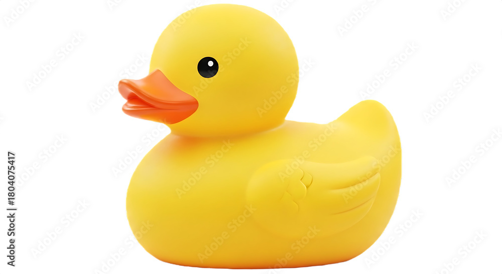 Fototapeta premium A bright yellow rubber duck with an orange beak and a black eye on a black background in close up view