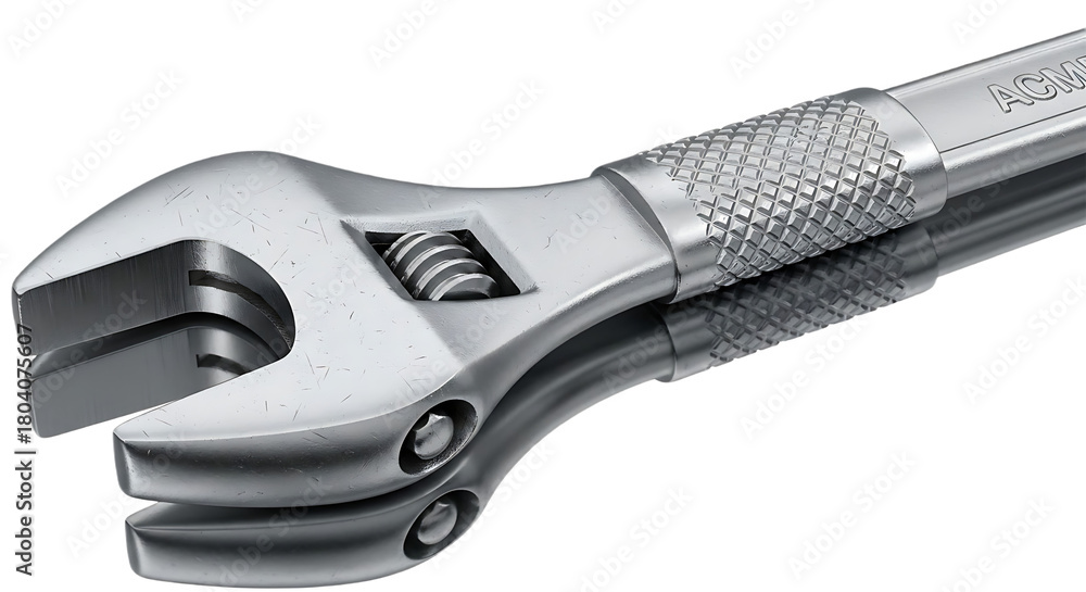 Obraz premium A close up shot of a silver adjustable wrench with a textured handle on a reflective surface