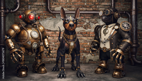 Fantasy Scene: Steampunk Animals and Humanoid Robots on a Brick Wall Background