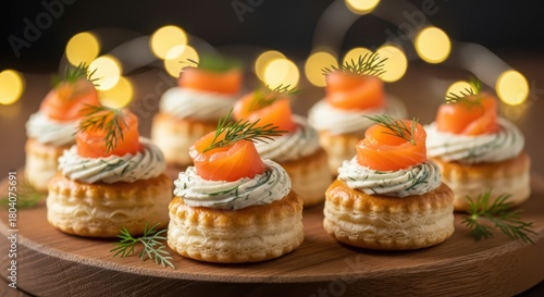 Vol au vent appetizers with cream cheese and salmon on a wooden board with lights