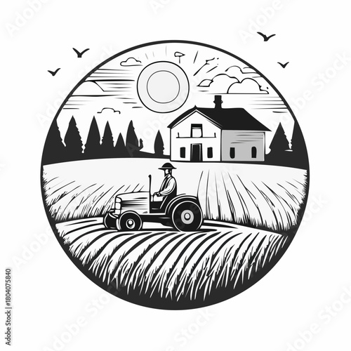 Morning Countryside Wheat Field with European Farmhouse and Farmer on Tractor – Linocut Style Illustration