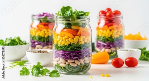 Rainbow salad in jar isolated on white background, healthy eating and diet concept