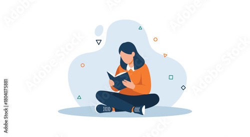 An illustration depicts a woman engrossed in reading a book while sitting cross-legged, surrounded by abstract shapes, suggesting focused learning.