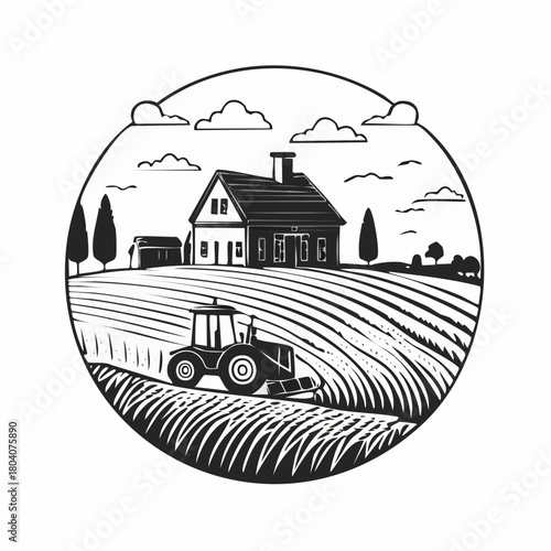 Morning Countryside Wheat Field with European Farmhouse and Farmer on Tractor – Linocut Style Illustration