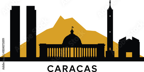 Caracas venezuela city skyline black silhouette architecture panorama travel landmark building with yellow mountain.