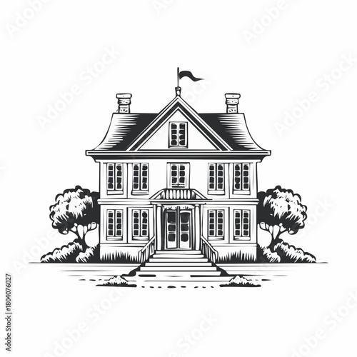 European classic house illustrated in a refined vintage engraving vector style.