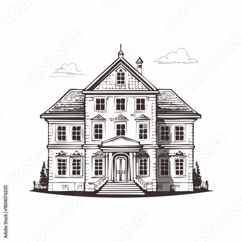 European classic house illustrated in a refined vintage engraving vector style.