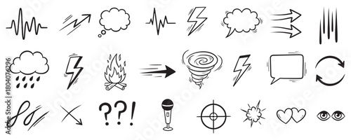 Hand drawn doodle icons representing weather ideas and communication symbols