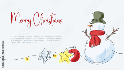 Merry Christmas Holiday Background with Continuous Line Drawing Snowman and christmas ornaments