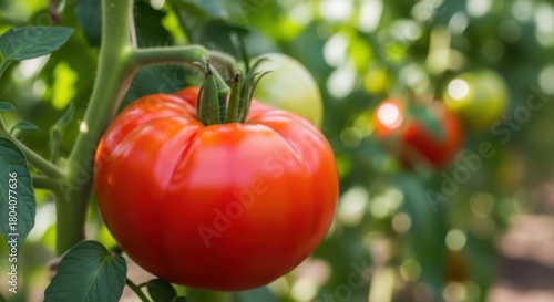 A ripe red tomato growing on a green vine in a garden