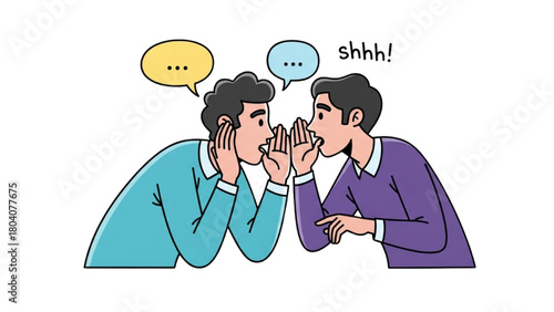 High-quality black outline colorful art of two people whispering, expressive secretive gossip illustration on white background