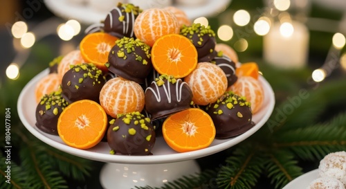 Festive Platter of Chocolate Covered Mandarin Oranges and Pistachios tangerines fruit