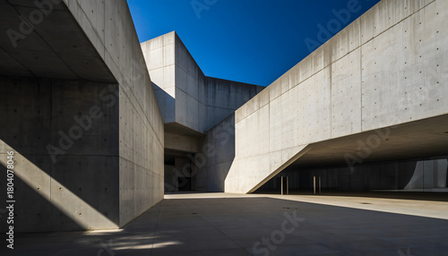 Modern, minimalist architecture featuring concrete walls and angular forms, dramatically lit by bright sunlight creating strong shadows. The images suggest a museum, gallery, or public space