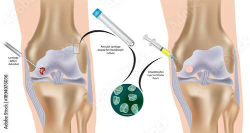 Autologous Chondrocyte Implantation Procedure in Knee Joint Illustration. Articular Cartilage Repair with Chondrocyte Culture and Injection. ACI procedure in the knee joint