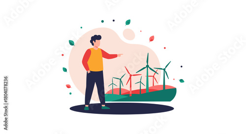 An illustration depicts a man pointing towards a group of wind turbines, symbolizing renewable energy and environmental sustainability.