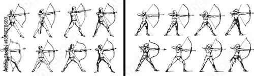 Archer illustration vector, sportsman drawing artwork, bow and arrow design, athletic shooting clipart, hand drawn archer art, dynamic sport vector, competition athlete illustration, accurate aim desi