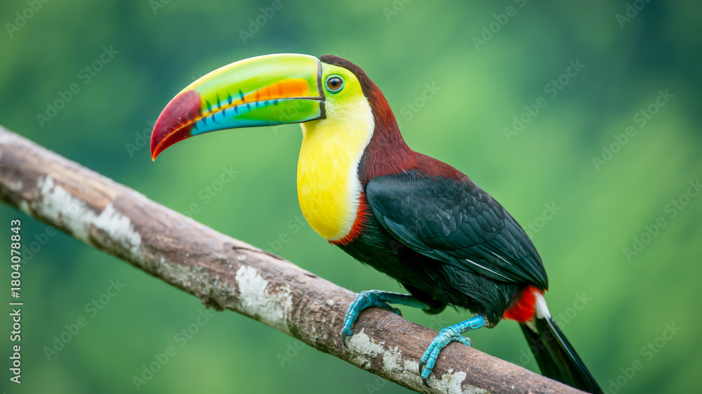 Fototapeta premium A vibrant toucan with a large, colorful beak perched on a tree branch Keywords: toucan, bird, wildlife, nature, animal, exotic, tropical, perched, branch, tree, beak, large beak