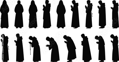 Monk silhouette illustration set, prayer and bowing poses in hooded robes, religious devotion sequence, black vector icons, white backgroundMonk silhouette illustration set, prayer and bowing poses in