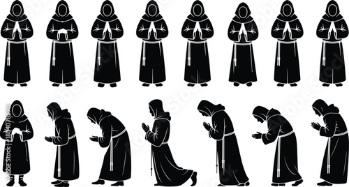 Monk silhouette illustration set, prayer and bowing sequence, religious devotion poses, hooded robe figures, black vector icons, white background