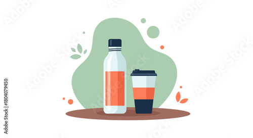 A refreshing illustration showcases a water bottle and a coffee cup, perfect for hydration and a caffeine boost, set against a simple, colorful background.