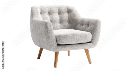 A stylish light grey fabric armchair with tufted back and natural tapered wooden legs, perfect for modern home decor. Isolated. background removed