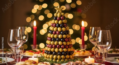Festive christmas table setting with olive tree, candles and glasses in front of tree