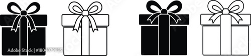 Gift box icon set. Present with ribbon bow symbols in solid and outline styles.