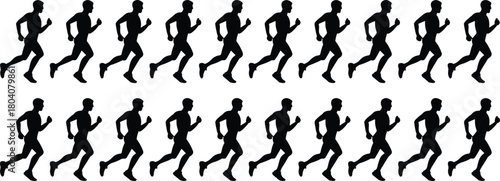Running motion silhouette vector set, twenty dynamic poses illustrating human biomechanics, sports movement cycle, animation reference, athletic figure illustration
