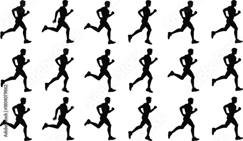Running motion silhouette vector set, sixteen dynamic poses in grid layout showing biomechanics, animation reference, athletic movement cycle illustration
