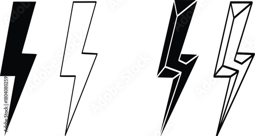 Lightning bolt and thunder icon set. Electric flash energy symbols in flat and 3D styles.