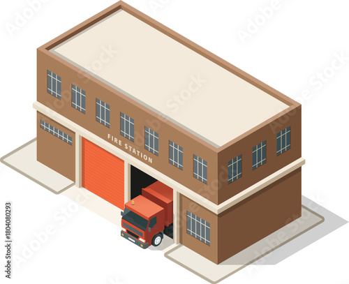 Isometric fire station with fire truck inside