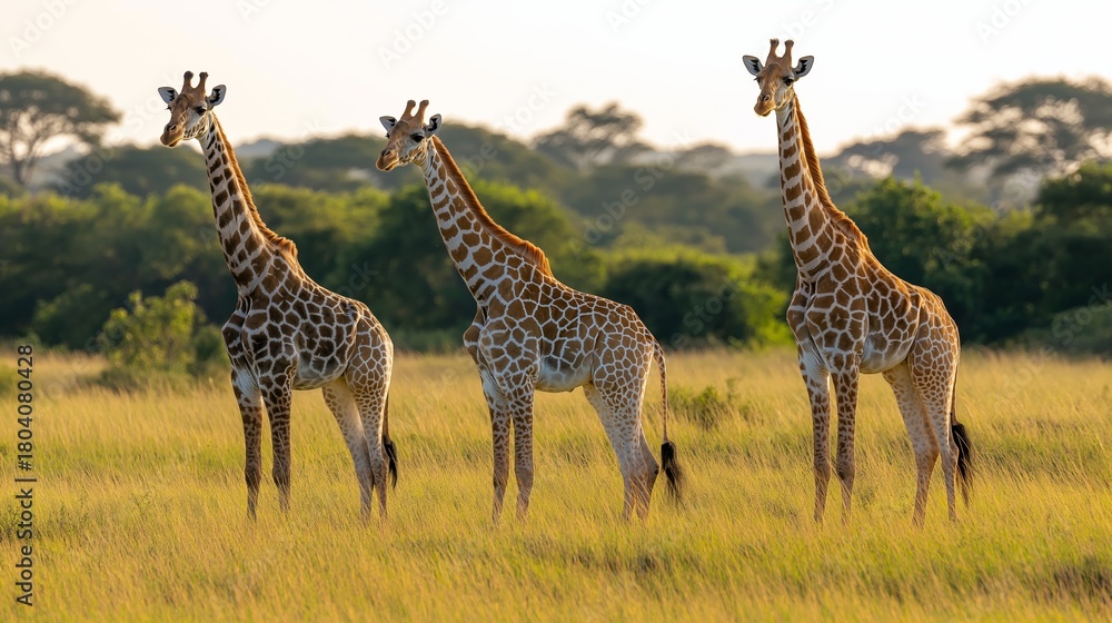 Obraz premium Three Giraffes in Sunlit Savanna
