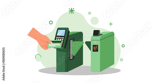 A person scans a card at a green automated train station ticket gate, illustrating modern travel and transportation technology.