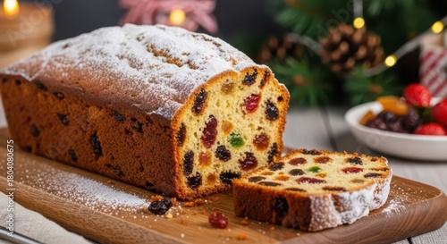 Delicious fruitcake with candied fruit and icing sugar on a wooden board for christmas