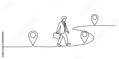 Continuous line drawing of businessman walking a path with location pins, symbolizing career journey, progress, and strategic planning.