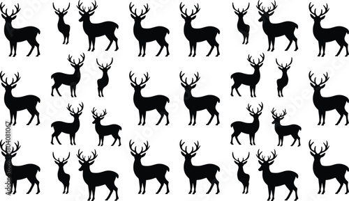 Deer silhouette illustration set, black vector icons of stags and does in grid formation, wildlife pattern design, animal identification concept