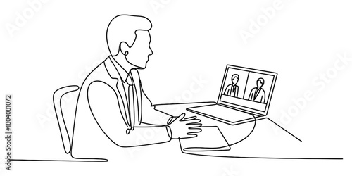 Single continuous line drawing of a professional man in a suit having a video conference on a laptop at a desk, remote work concept