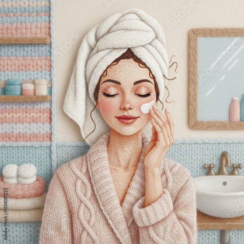 A woman in a soft bathrobe applies face cream in a cozy knitted-texture bathroom. Warm tones, self-care mood, wellness and beauty illustration. Vector illustration