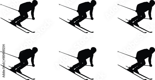 Downhill skiing silhouette illustration set, crouched skier pose with poles, winter sport motion clipart, black vector design, isolated white background