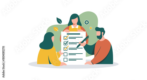 A team collaborates on a checklist, symbolizing teamwork, planning, and task management with a focus on organization and efficiency.