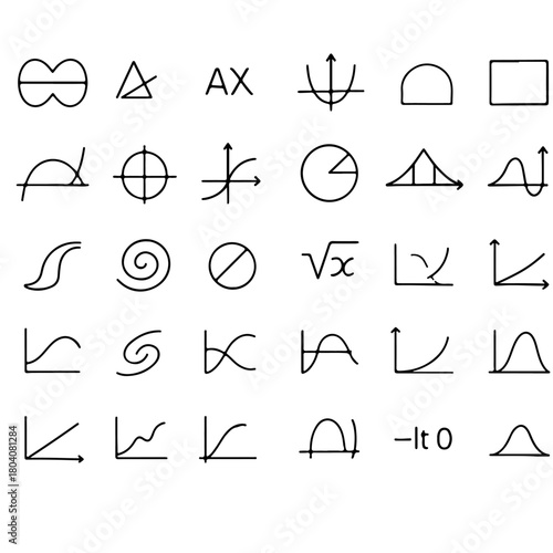 Illustration of various mathematical symbols and graphical representations, showcasing a range of concepts