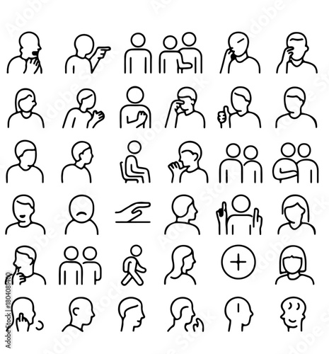 Collection of various human icon sets in a minimalist style, presenting a range of emotions and actions