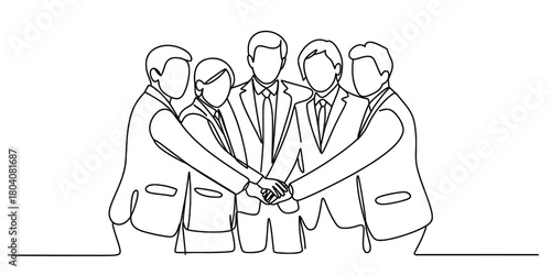Continuous line drawing of five diverse business colleagues stacking hands, symbolizing powerful unity, seamless collaboration, and successful partnership.