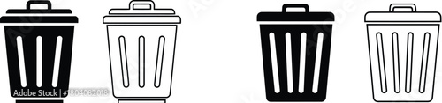 Trash can and recycle bin icon set. Garbage waste symbols for delete function in solid and outline styles.