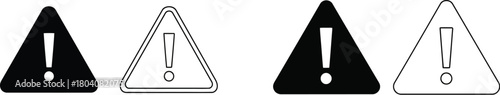 Warning and danger icon set. Exclamation mark inside triangle symbols in solid and outline styles.