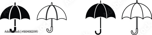 Umbrella icon set. Rain protection and insurance symbols in solid and outline styles.